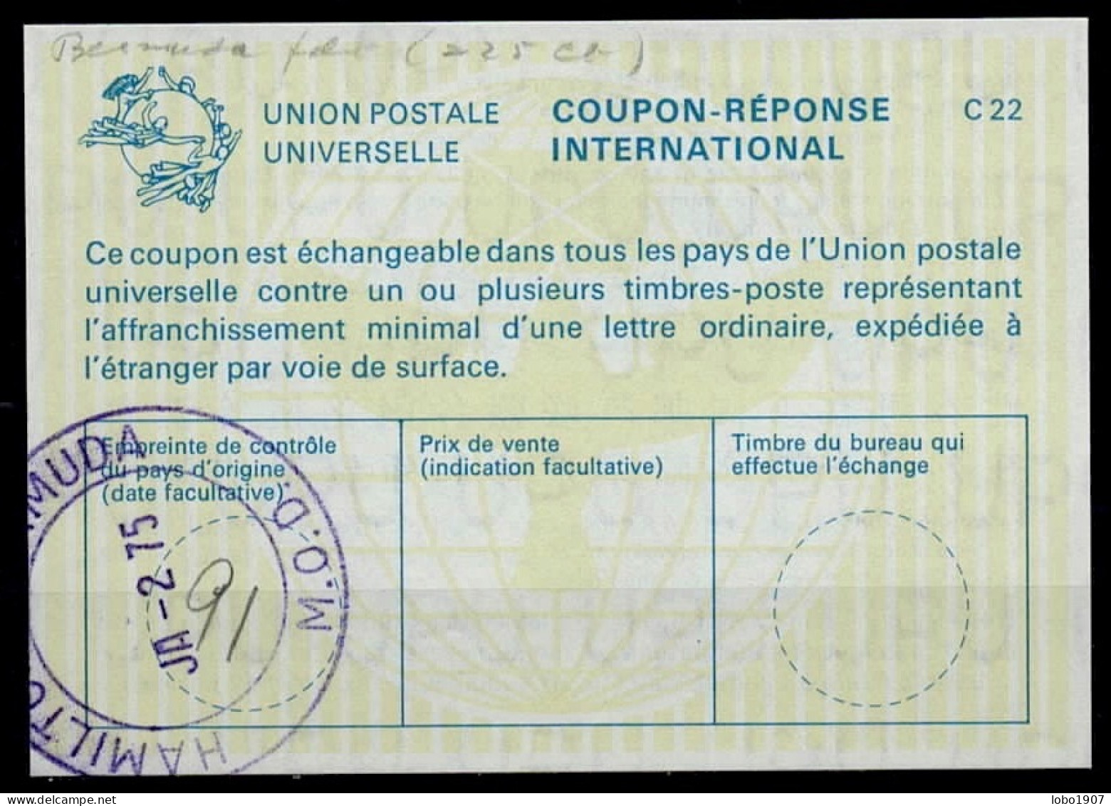 BERMUDES BERMUDA  La22  International Reply Coupon Reponse Antwortschein IAS IRC O HAMILTON 02.01.75 FD! - Bermuda