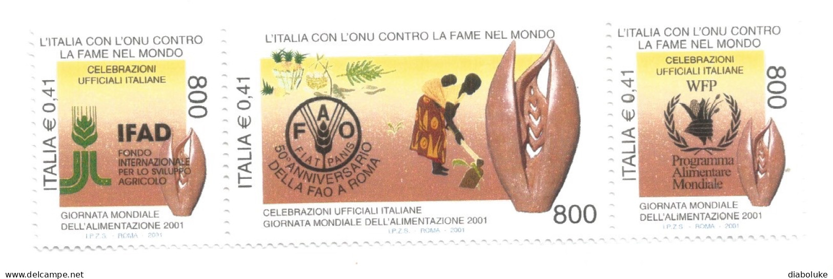 (REPUBBLICA ITALIANA) 2001, GIORNATA MONDIALE DELL'ALIMENTAZIONE, FAME NEL MONDO - Striscia Di 3 Francobolli Nuovi MNH - 2001-10: Mint/hinged