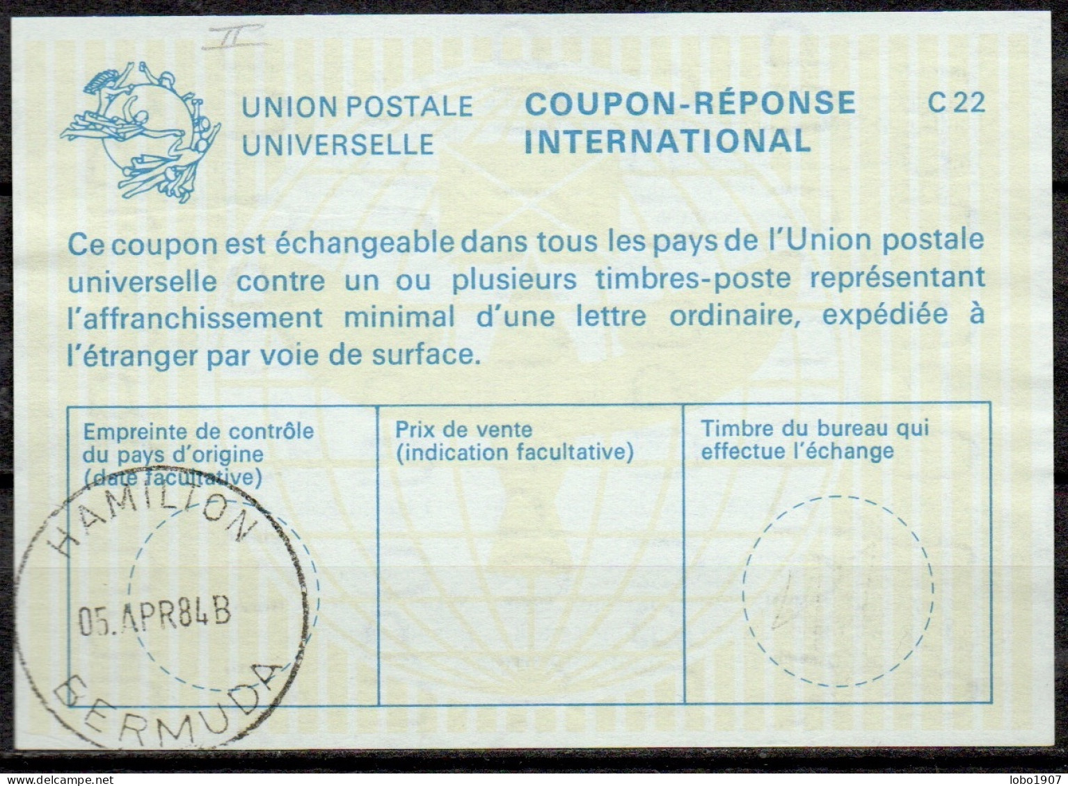 BERMUDES BERMUDA  La23  International Reply Coupon Reponse Antwortschein IAS IRC O HAMILTON 05.04.84 ( Hurtré – ) - Bermuda