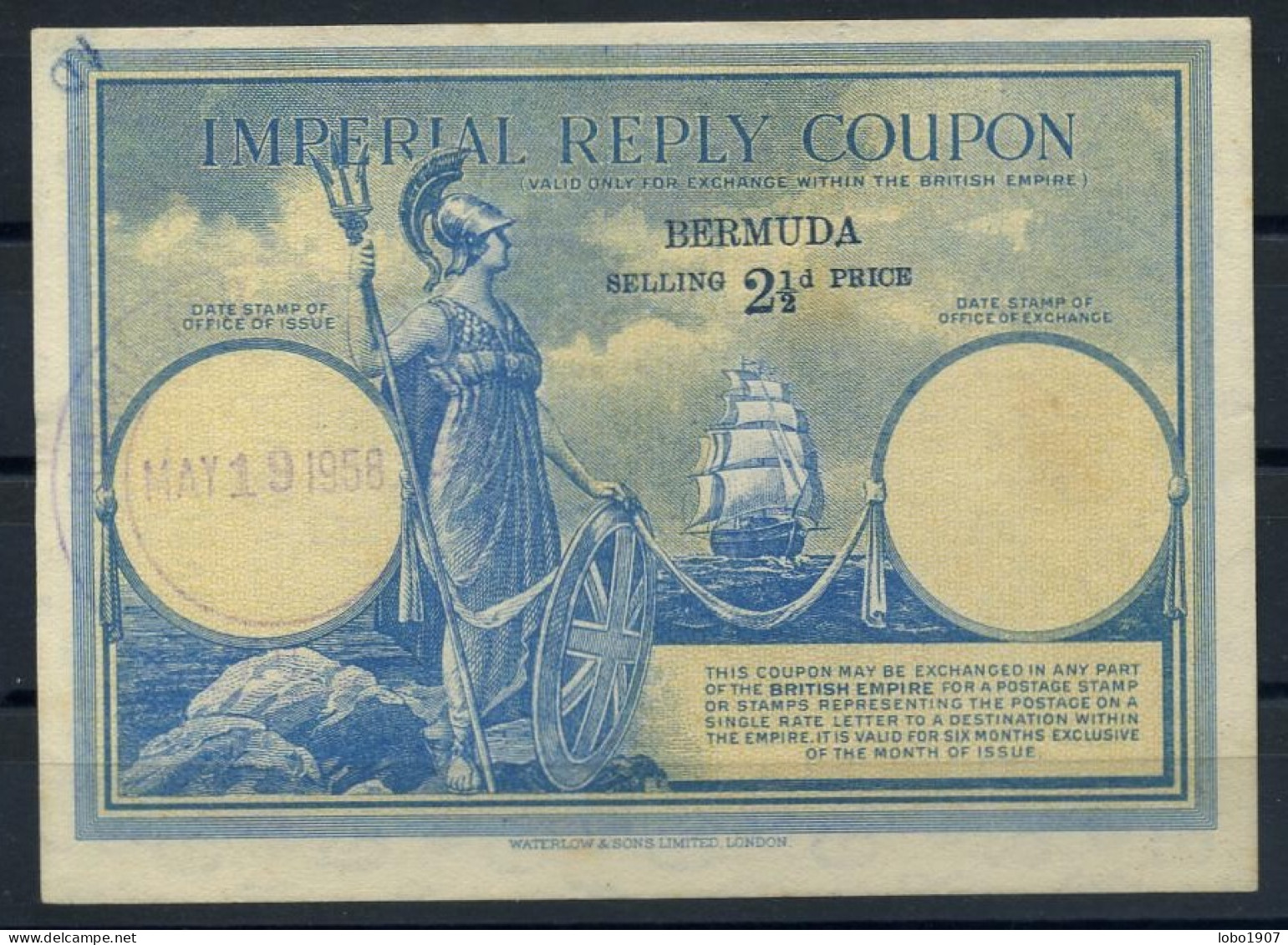 BERMUDES BERMUDA  Im1  2 1/2d Imperial Reply Coupon Reponse Antwortschein IAS IRC O HAMILTON 19.05.58 - Bermuda