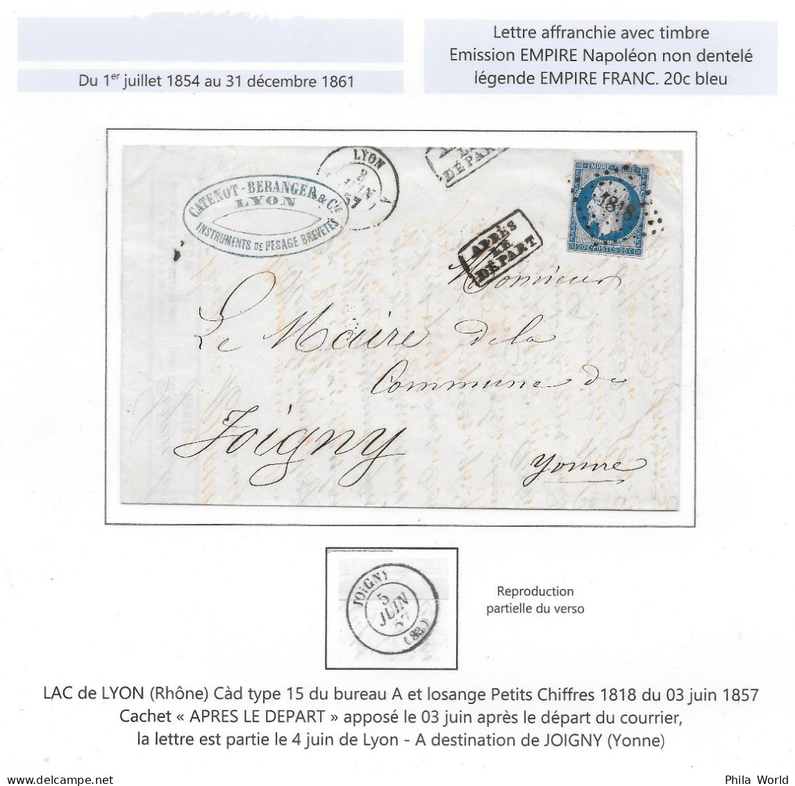 Lettre LAC 1857 Empire Napoleon ND 20c LYON Rhone Tàd Type 15 Bureau A PC 1818 APRES LE DEPART Lyon > JOIGNY Yonne - 1853-1860 Napoléon III.