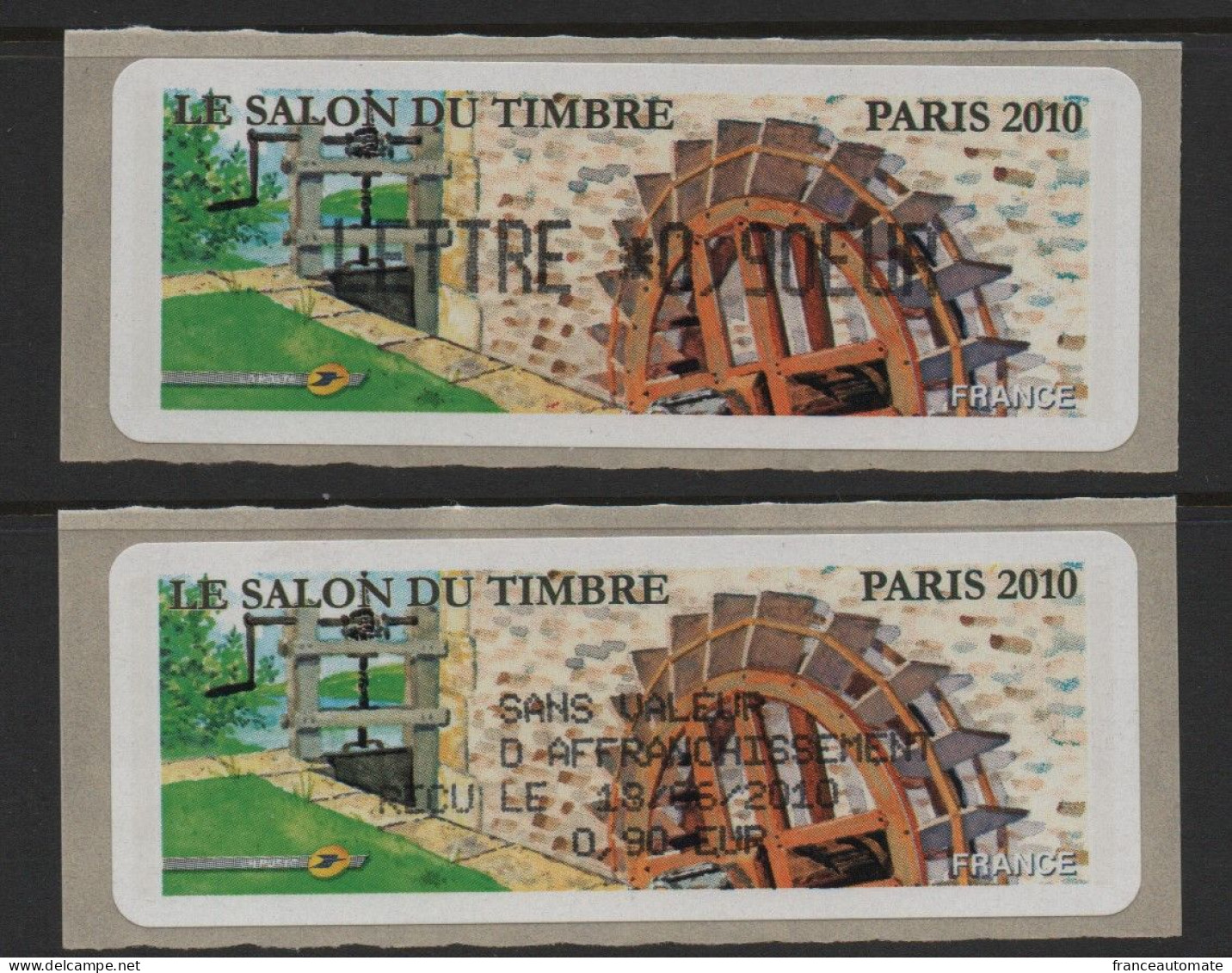 2 Atms, Lisa1, LETTRE 0.90€, Avec Le Reçu Du Lisa1, Au Salon Du Timbre 2010. Moulins, Roue à Aube. - 2010-... Illustrated Franking Labels