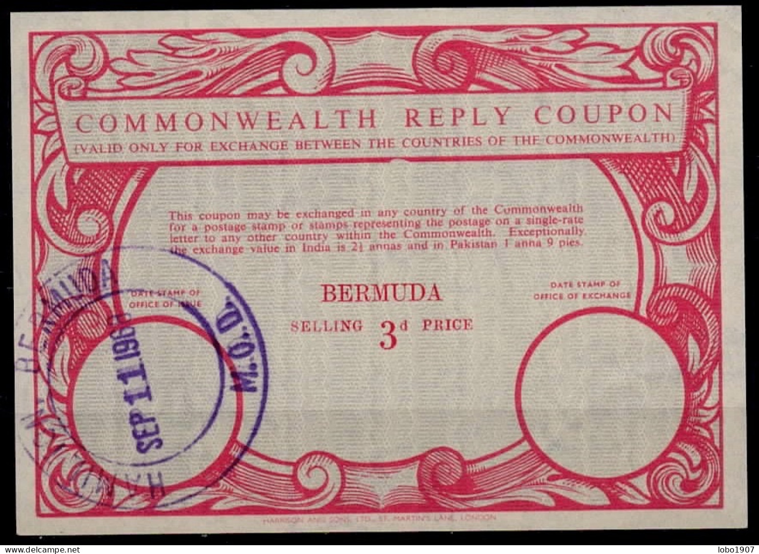 BERMUDES BERMUDA  Co9  3d  Commonwealth Reply Coupon Reponse Antwortschein IAS IRC O HAMILTON 11.09.68 - Bermuda