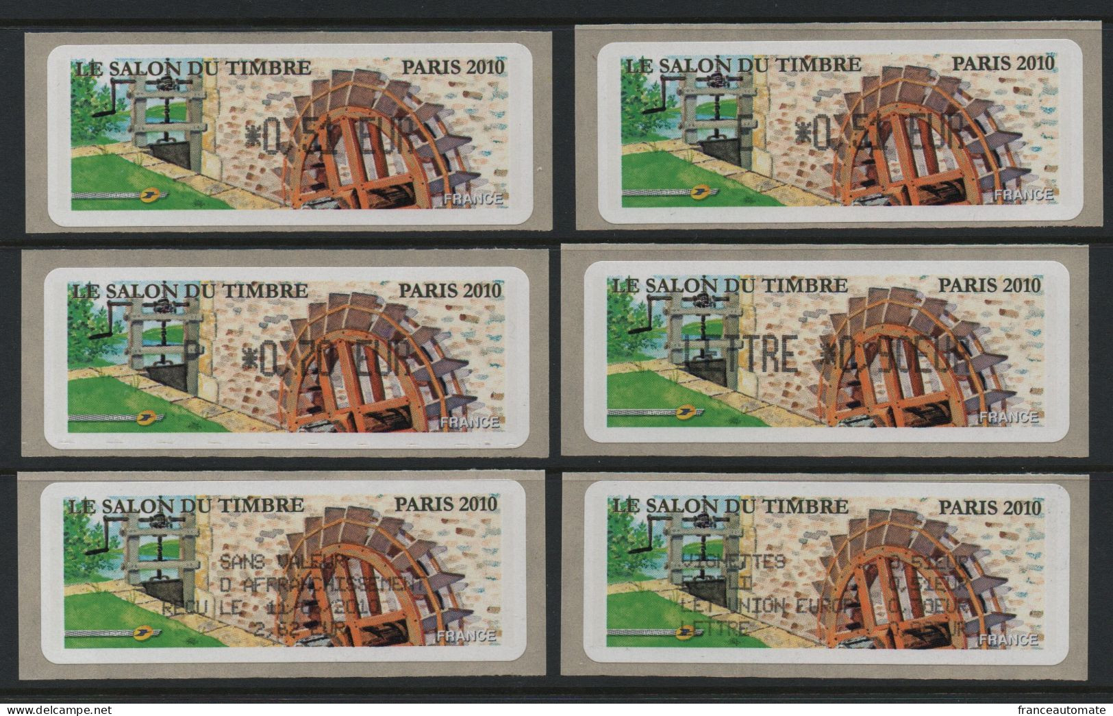 6 Atms, Lisa1, Ecopli  E 0.51€, SANS Mention 0.51€, Union Eur P 0.70€, LETTRE 0.85€, Salon Du Timbre 2010, MOULINS. - 2010-... Illustrated Franking Labels