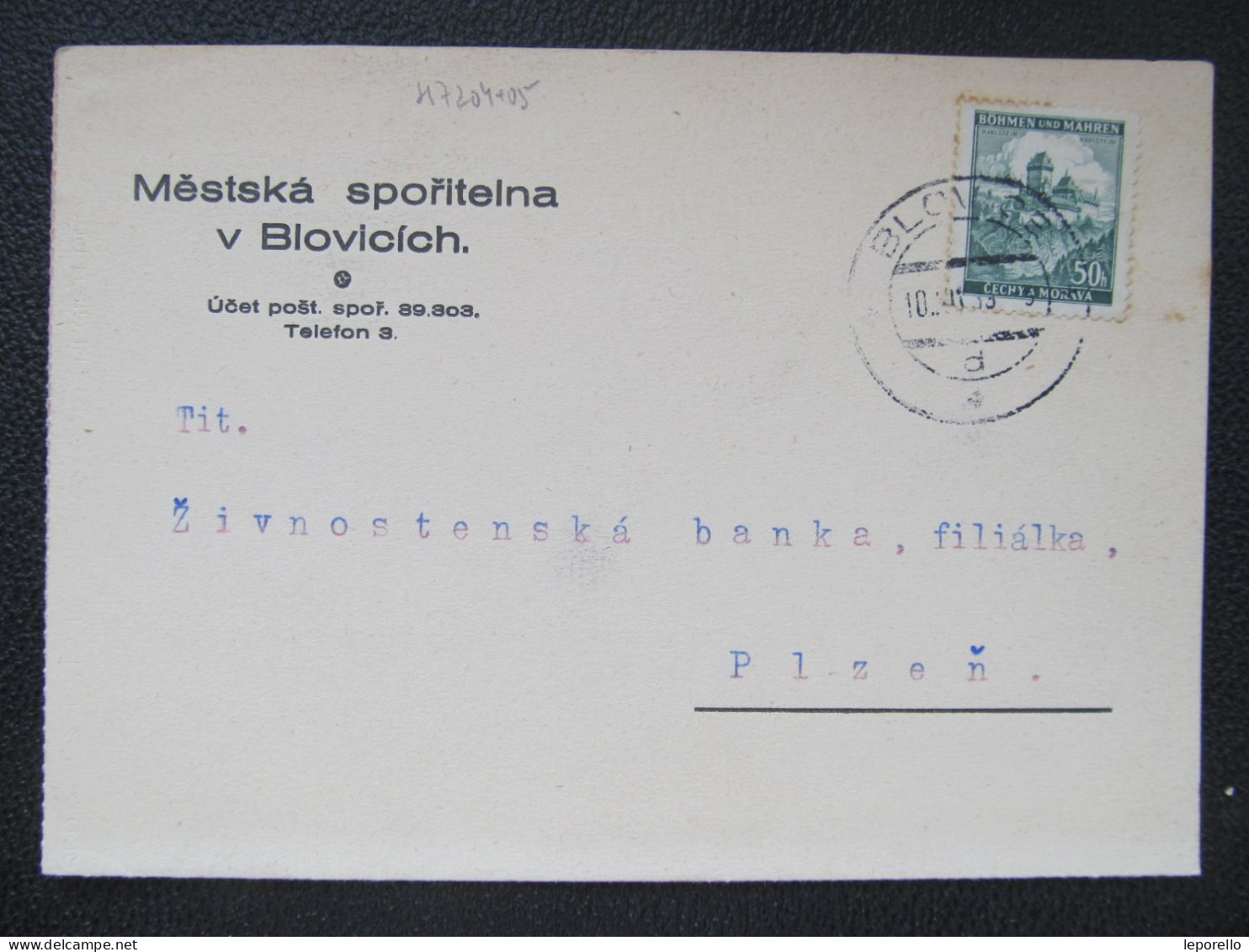 KARTE Blovice - Plzeň Spořitelna 1939  /// P4194 - Storia Postale