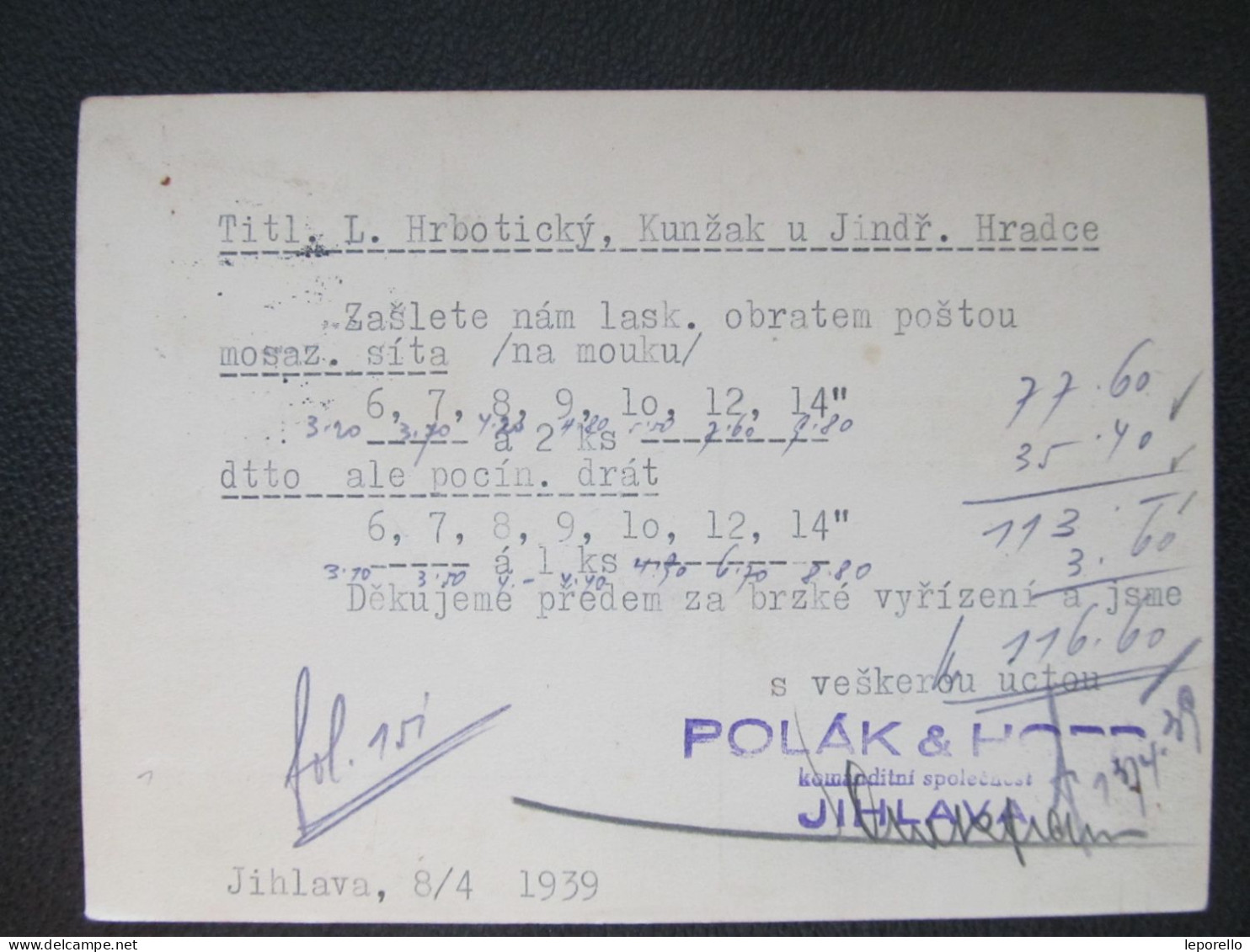 KARTE Jihlava - Kunžak Polák + Hopp 8.4.1939 Mitläufer  // P4166 - Lettres & Documents