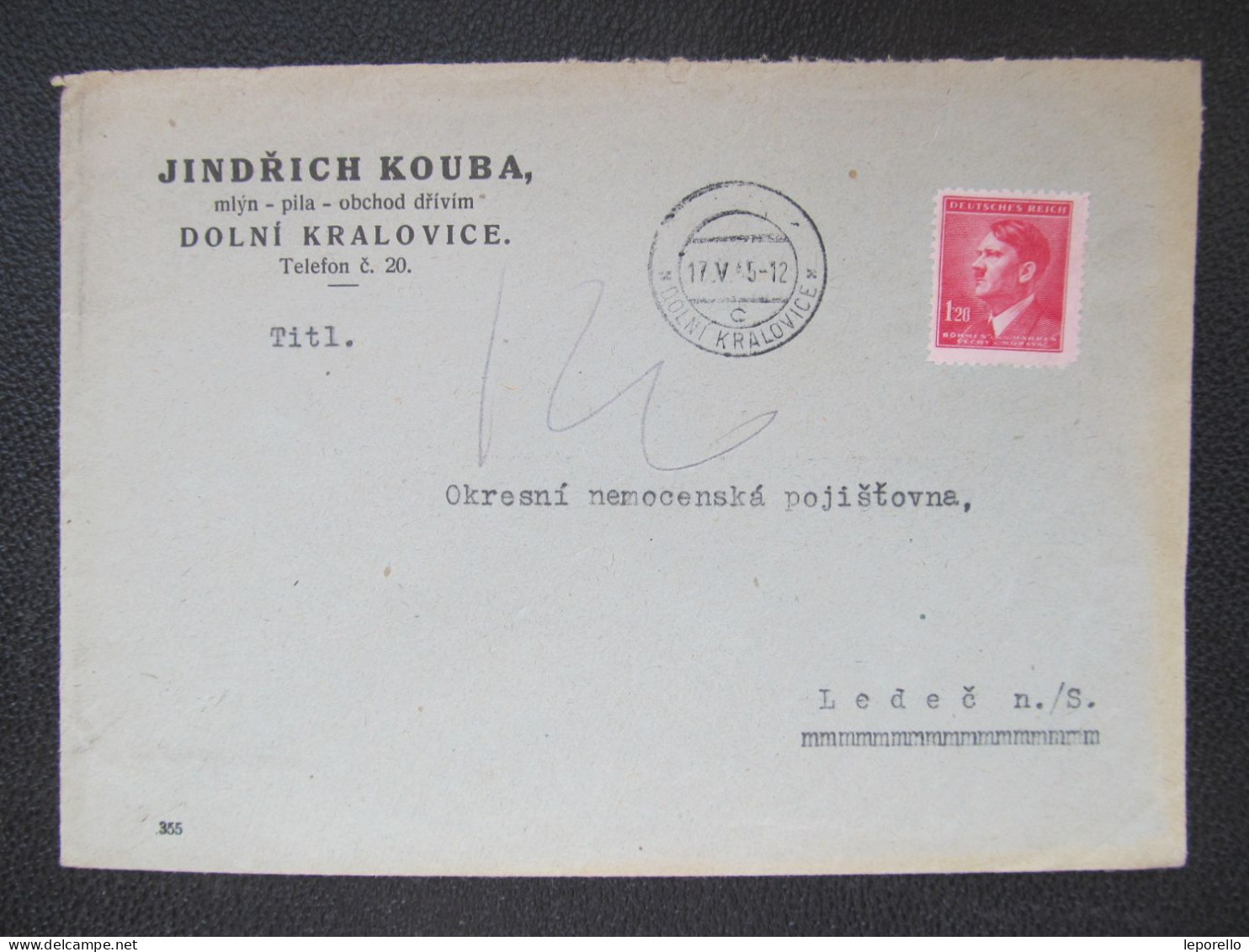 KARTE Dolní Kralovice - Ledeč N.S. 1945 J.Kouba Mlýn UNGÜLTIG  // P4162 - Covers & Documents