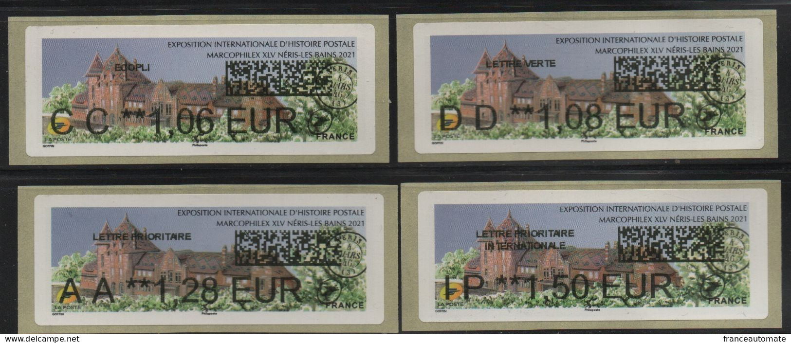 4 ATMs, NERIS LES BAINS, NABANCO AVEC CODE DATAMATRIX, CC1.06 / DD1.08 / AA1.28 / IP1.50€. GARE DE NERIS LES BAINS. - 2010-... Illustrated Franking Labels