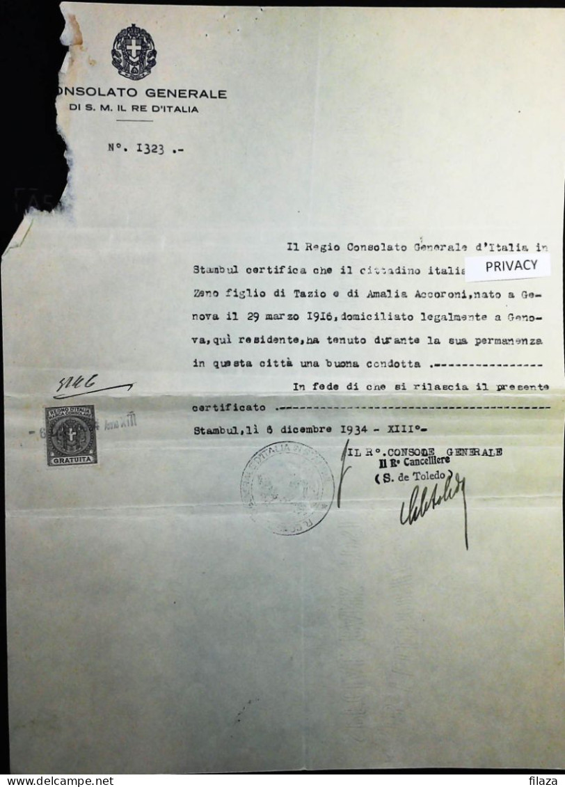 1932 DOCUMENTO - MARCA DA BOLLO CONSOLARE ITALIA REGNO - ISTANBUL - S6870 - Fiscali