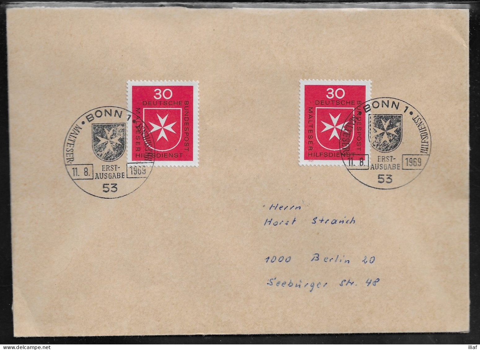 Germany. FDC Sc. 1006.   Malteser Cross.  FDC Cancellation - 1961-1970