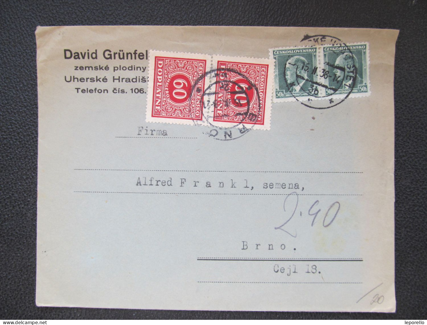 BRIEF Uherské Hradiště - Brno D. Grünfeld STRAFPORTO ! 1938  / P4118 - Briefe U. Dokumente