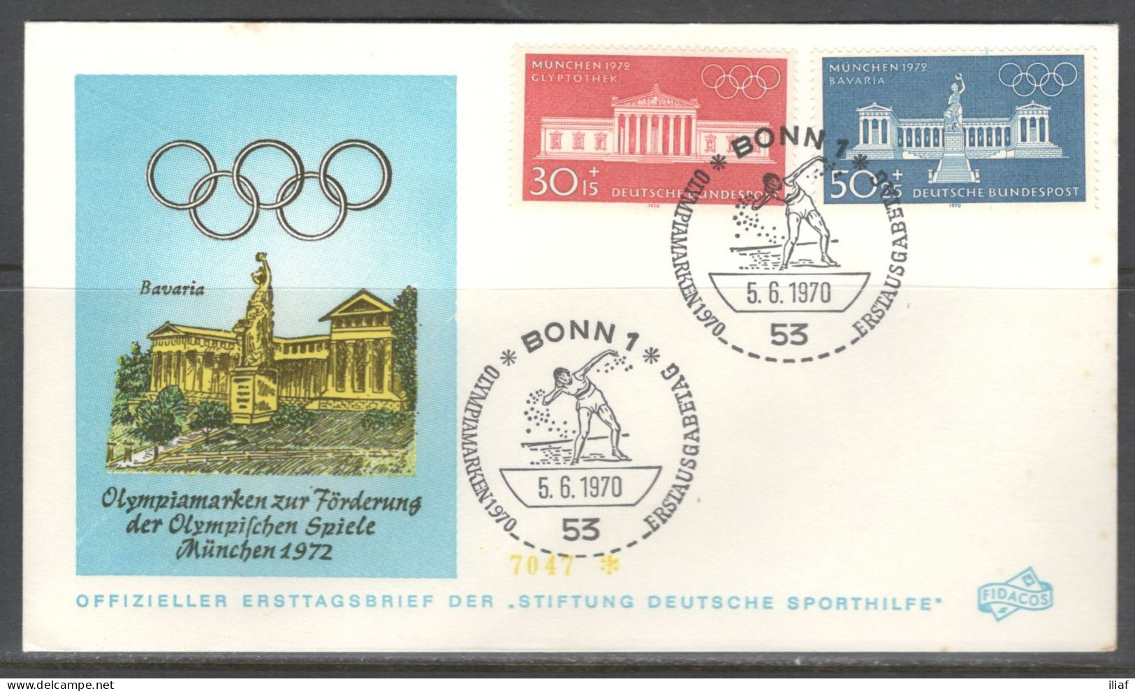 Germany. Sc. B459-B462. 2 Envelopes.  The 1972 Summer Olympics - Games Of The XX Olympiad. Shot Put.  FDC Cancellation - 1961-1970