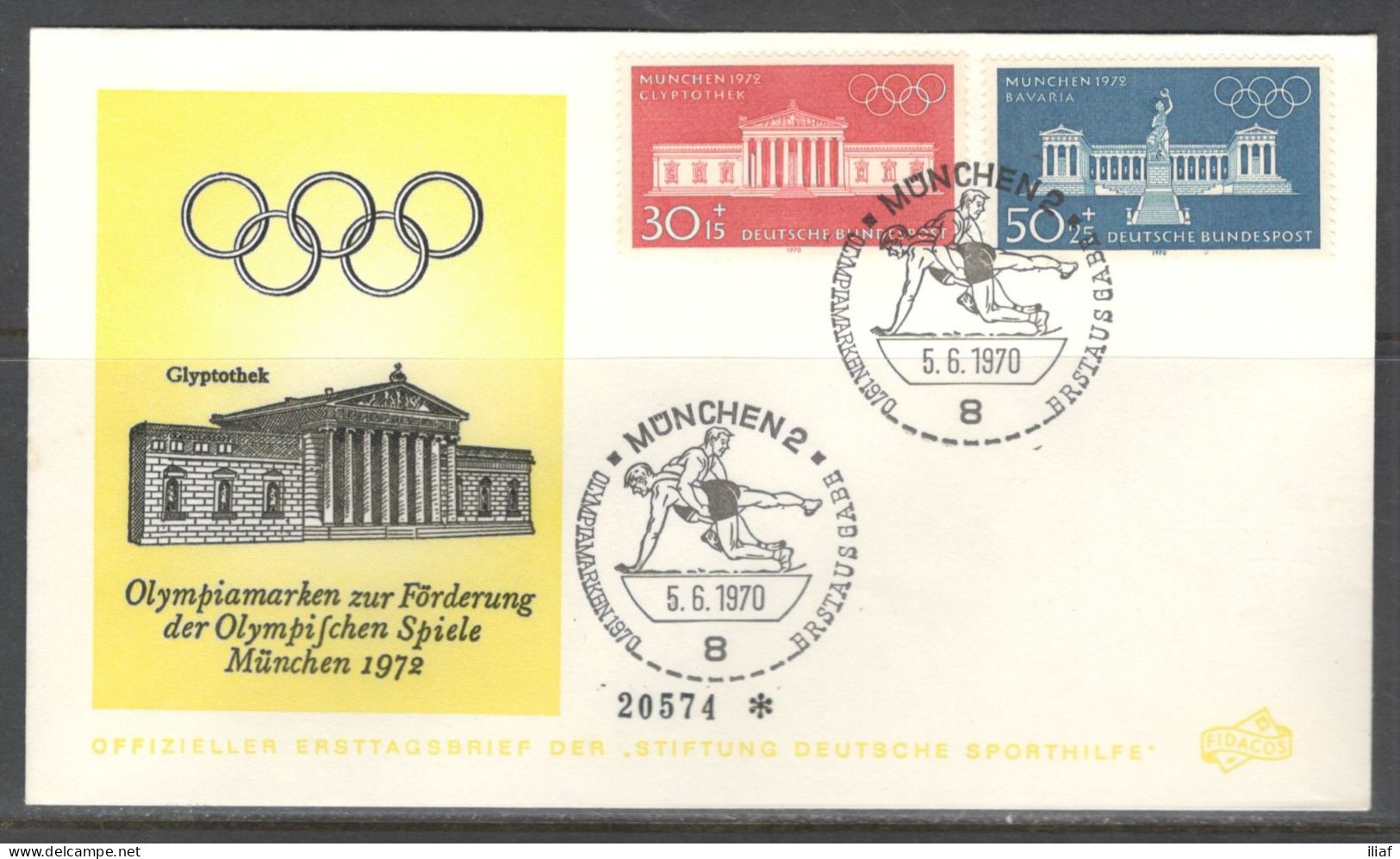 Germany. Sc. B459-B462. 2 Envelopes.  The 1972 Summer Olympics - Games Of The XX Olympiad. Wrestling.  FDC Cancellation - 1961-1970