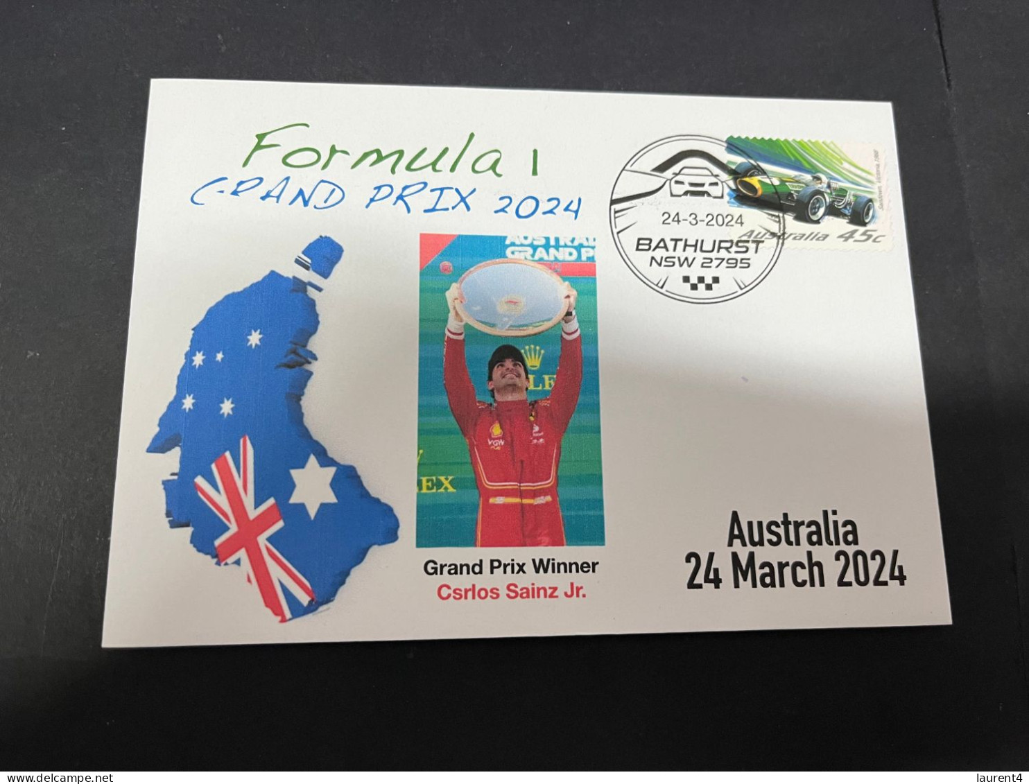 25-3-2024 (4 Y 2) Formula One - 2024 Australia Grand Prix - Winner Carlos Sainz Jr (25 March 2024) Formula 1 Stamp - Automovilismo