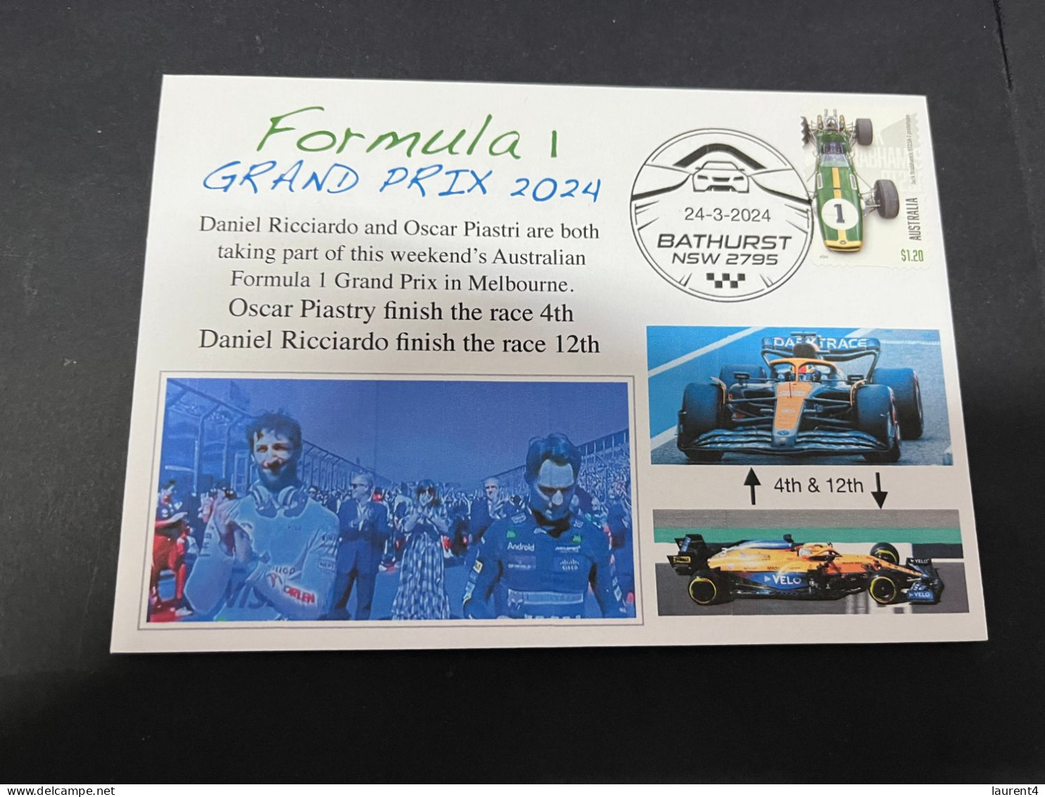25-3-2024 (4 Y 2)  2024 Australia Grand Prix - Formula 1 Stamp - Oscar Piastry (4th) & Daniel Ricciardo (12th) Finish - Cars