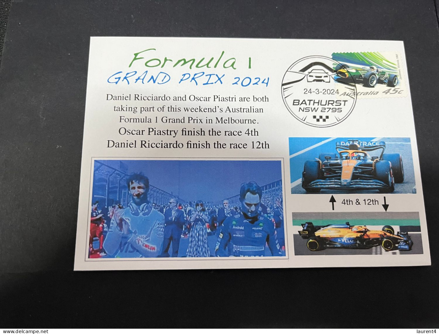 25-3-2024 (4 Y 2)  2024 Australia Grand Prix - Formula 1 Stamp - Oscar Piastry (4th) & Daniel Ricciardo (12th) Finish - Automovilismo