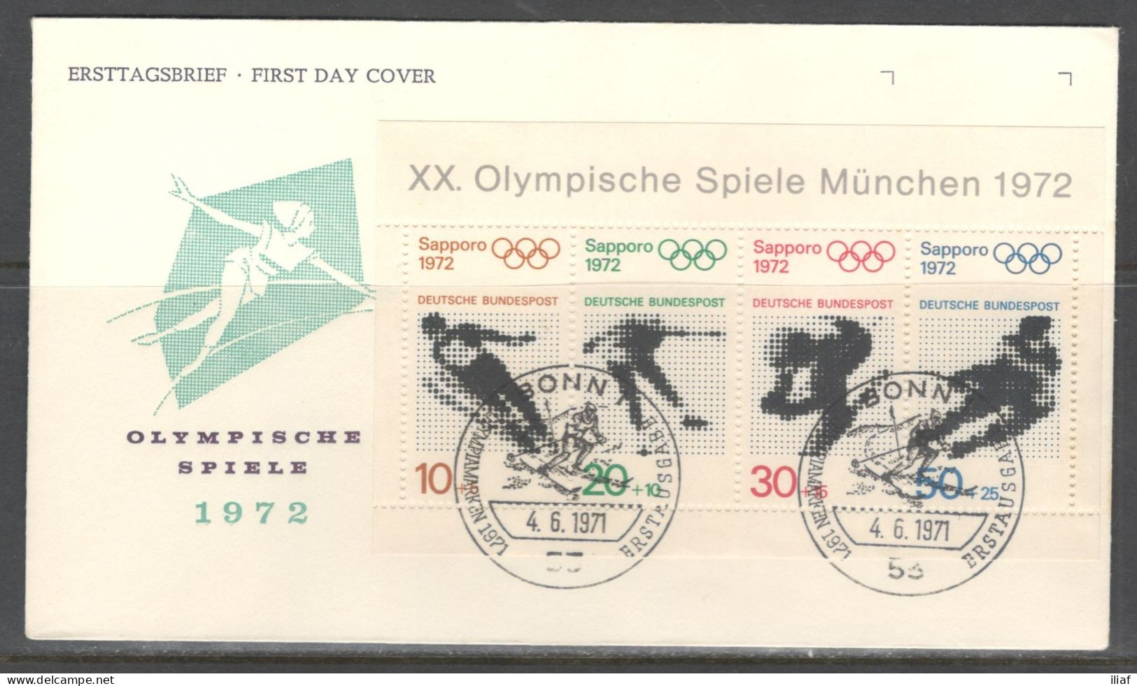 Germany. Sc. B475a. Souvenir Sheet.  The 1972 Winter Olympics - XI Olympic Winter Games. Skiing.  FDC Cancellation - 1971-1980