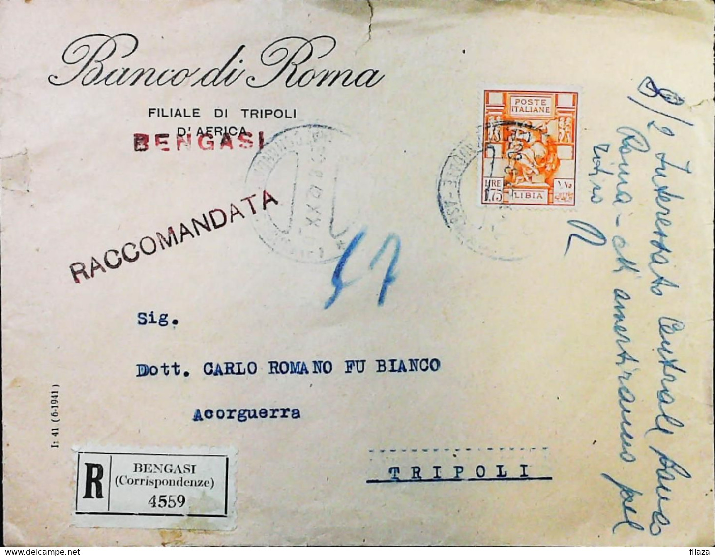 ITALIA - COLONIE -  LIBIA Lettera Raccomandata Da BENGASI Del 1932 Annullo AZZURRO- S6300 - Libya