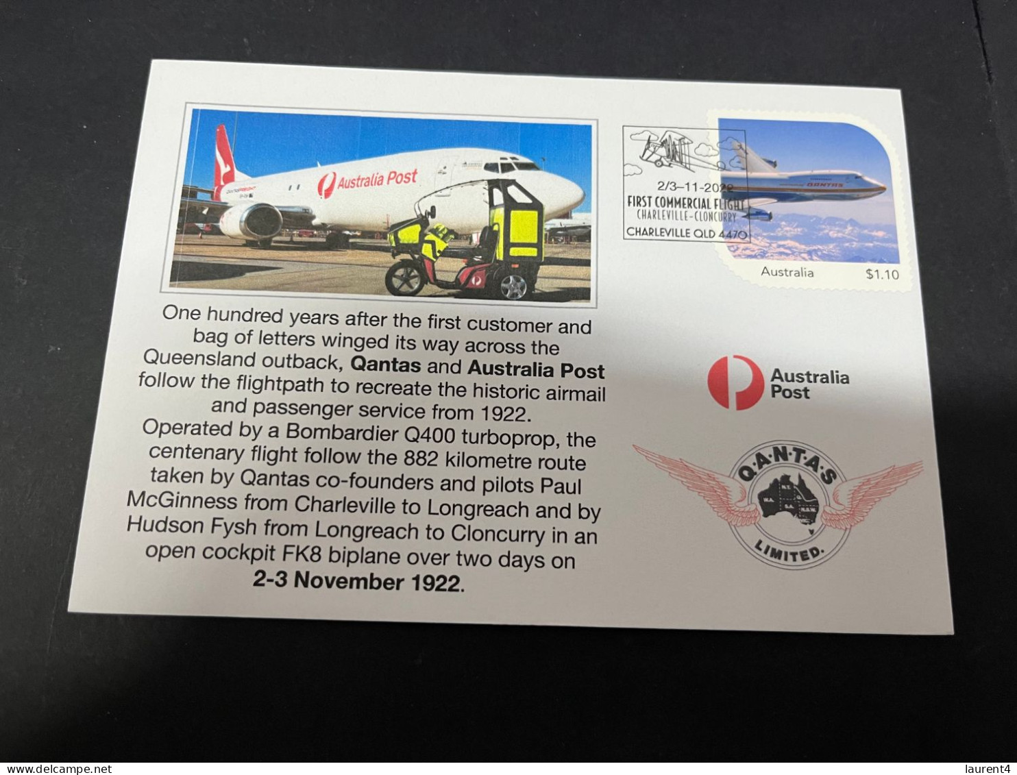 25-3-2024 (4 Y 2) QANTAS & Australia  Post Centenary - QANTAS Aircraft Stamp From Special Centenary Folder - Brieven En Documenten