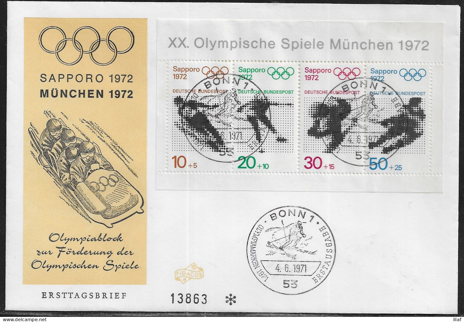 Germany. FDC Mi. 684-687.  Olympic Games 1972, Sapporo And Munich. FDC Cancellation On Cachet Special Envelope No. 13863 - 1971-1980