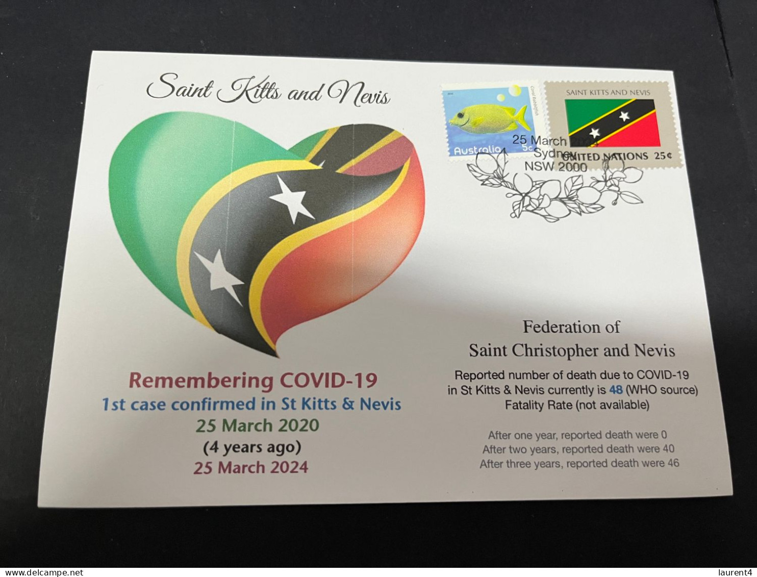 25-3-2024 (4 Y 2) COVID-19 4th Anniversary - St Kitts & Nevis - 25 March 2024 (with St Kitts & Nevis UN Flag Stamp) - Enfermedades