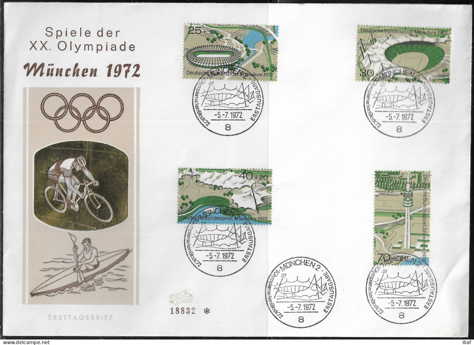 Germany. FDC Mi. 723-726.  Summer Olympic Games 1972 - Munich. FDC Cancellation On Big Cachet Special Envelope No. 18832 - 1971-1980