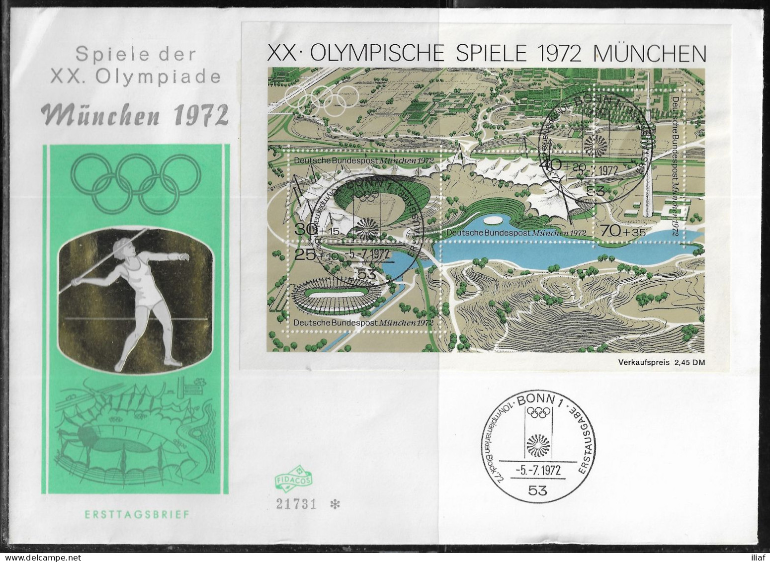 Germany. FDC Mi. BL7. Souvenir Sheet. Summer Olympic Games 1972 - Munich. FDC Cancellation On Big Special Envelope 21731 - 1971-1980