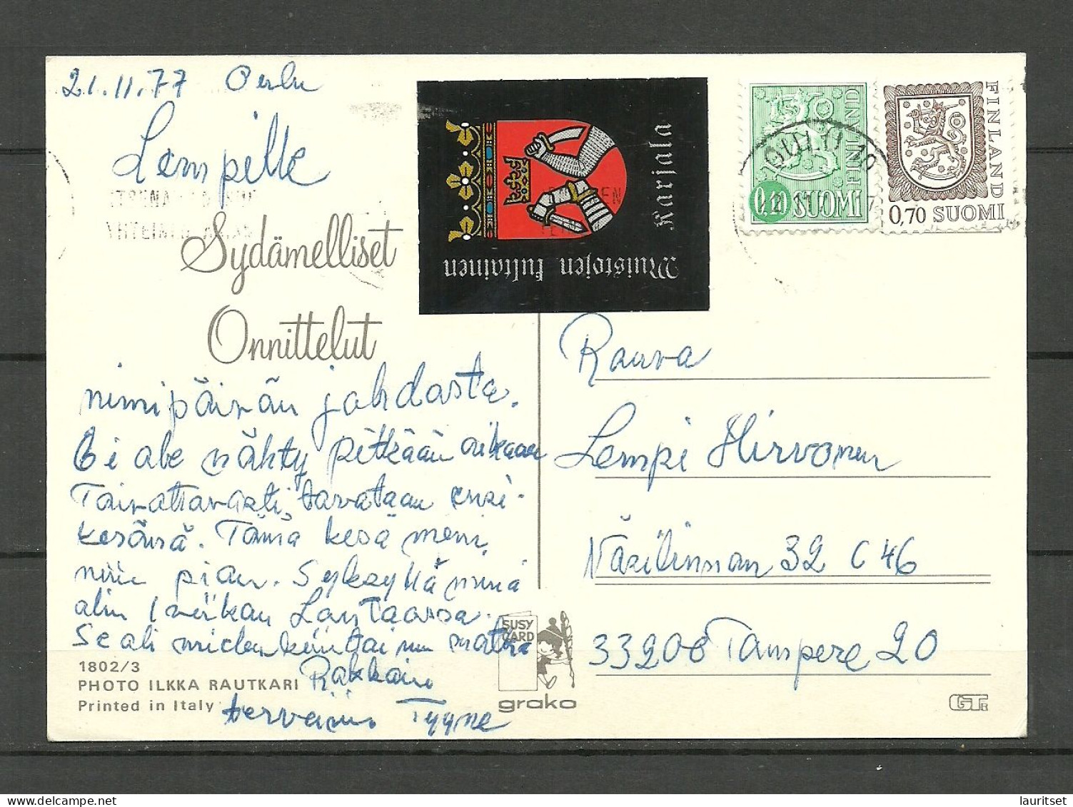FINLAND Vignette Coat Of Arms Wappe Karjala Karelia On Domestic Post Card 1977 - Briefe U. Dokumente