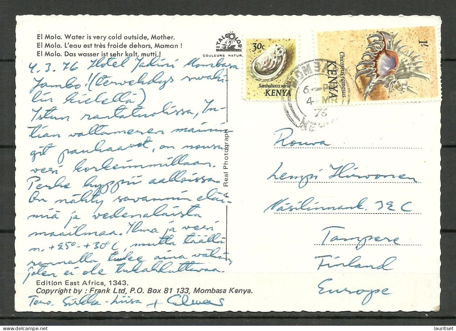 KENYA 1976 Post Card To Finland. Rare Destination - África