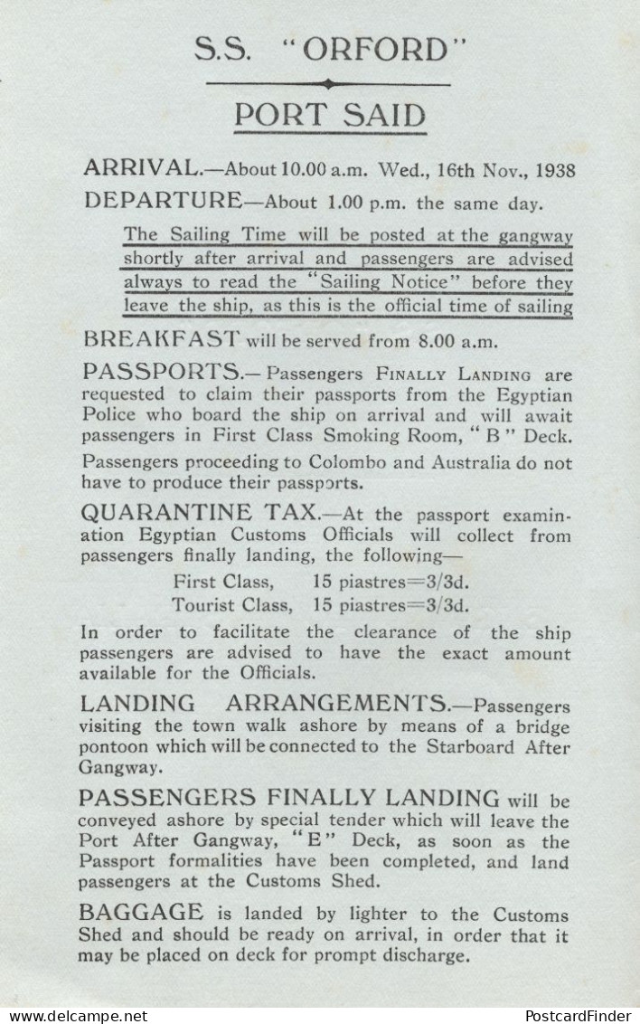 SS Orford 1938 Ship Port Said Cruise To Australia Programme - Other & Unclassified