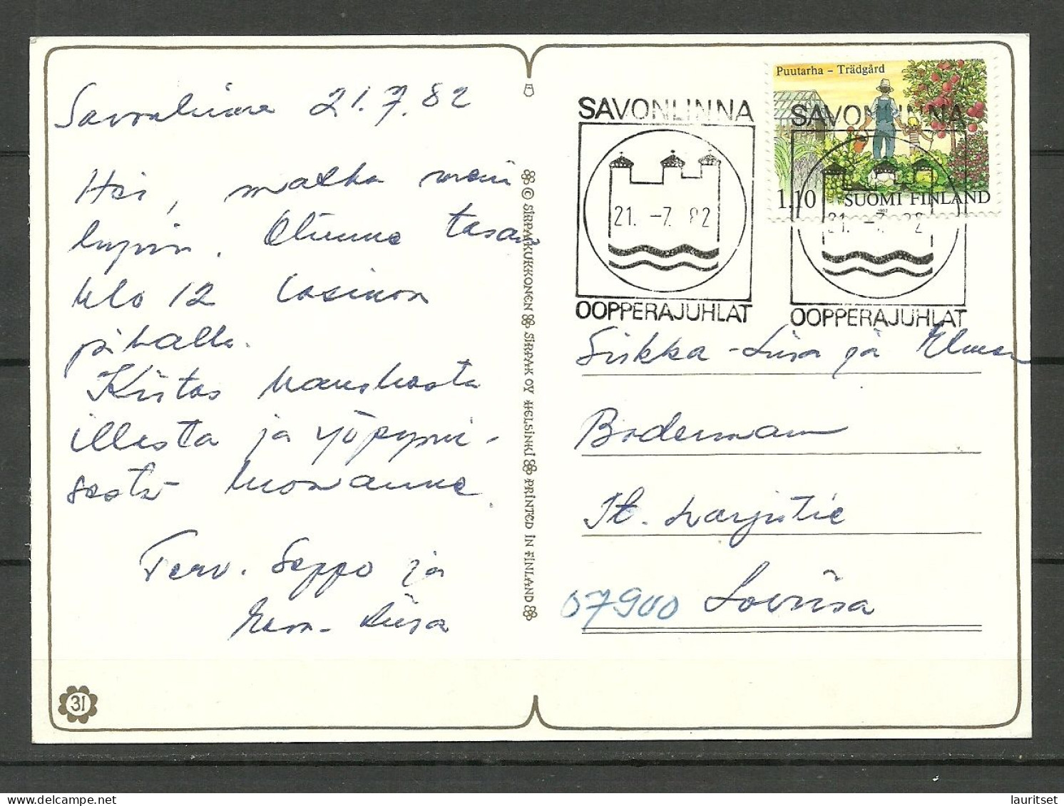 FINLAND O 1982 Savonlinna Opera Days Opertagen Oopperajuhlat Special Cancel Sonderstempel On Post Card - Briefe U. Dokumente