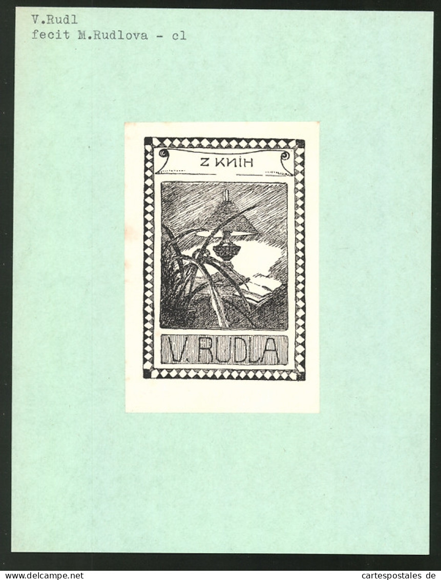 Exlibris Von M. Rudlova Für V. Rudl, Offenes Buch Und Tischlampe  - Ex-Libris