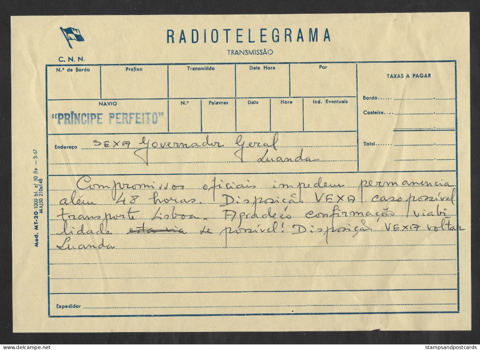 Portugal Radio Télégramme 1967 Paquebot Príncipe Perfeito CNN Companhia Nacional De Navegação Radio Telegram Ship - Briefe U. Dokumente