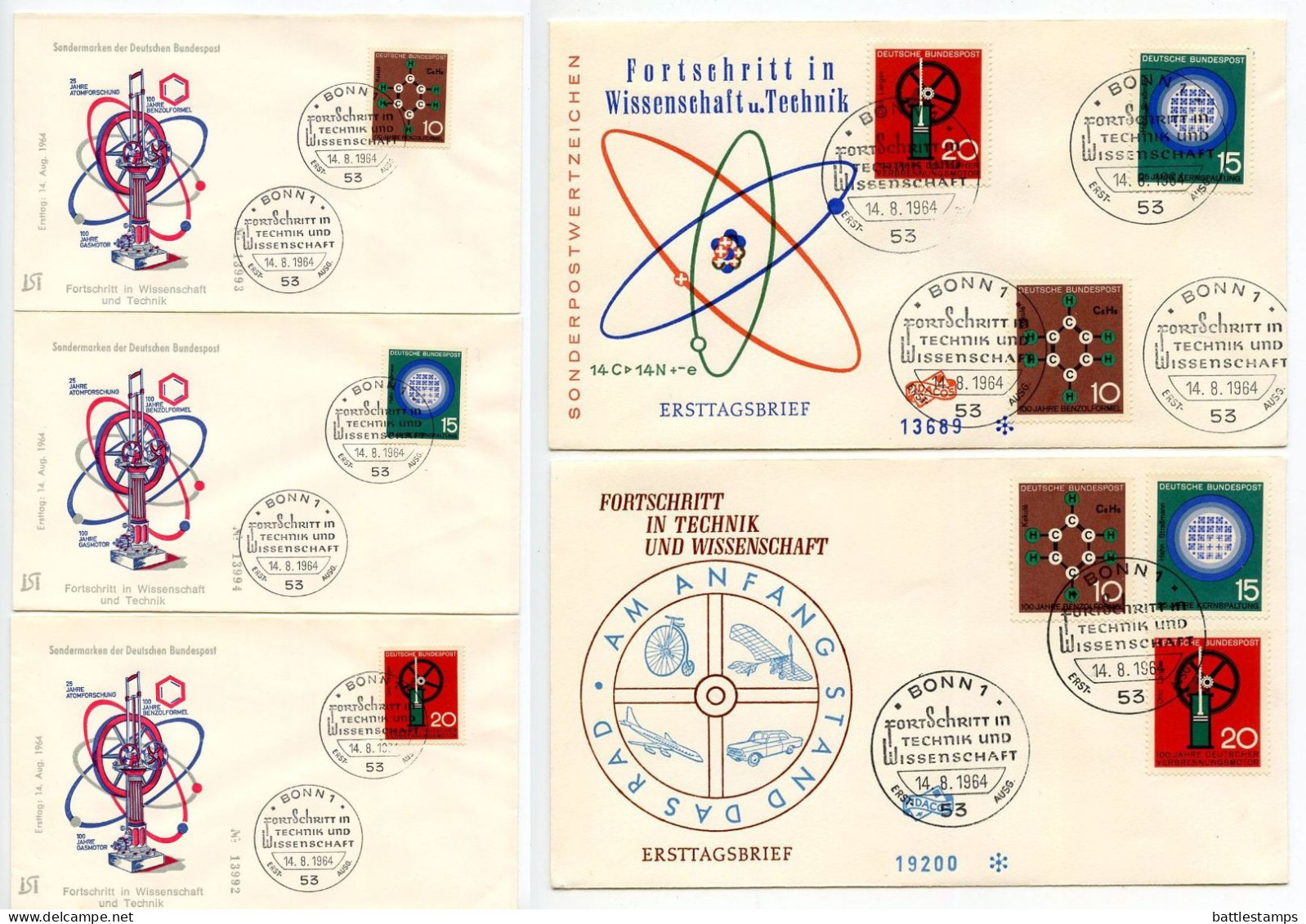 Germany, West 1964 5 FDCs Scott 892-894 Science & Technology Progress - Kekule's Formula, Cerenkov Radiation, Gas Engine - 1961-1970