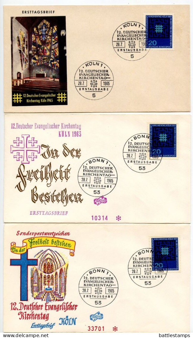 Germany, West 1965 3 FDCs Scott 931 12th Meeting Of German Protestants In Köln; Bonn & Köln Postmarks - 1961-1970