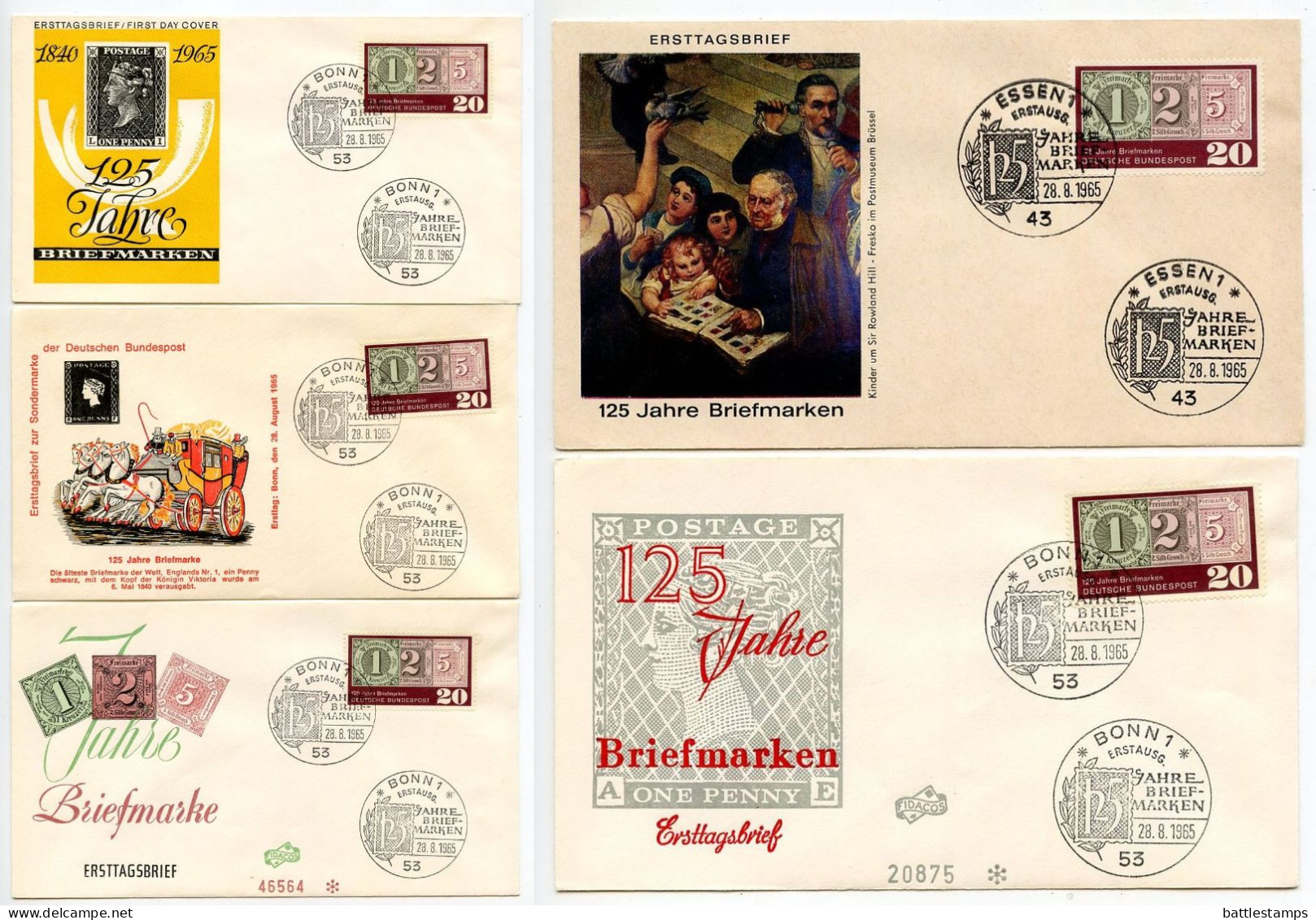Germany, West 1965 5 FDCs Scott 933 125th Anniversary Of Postage Stamps; Bonn & Essen Postmarks - 1961-1970
