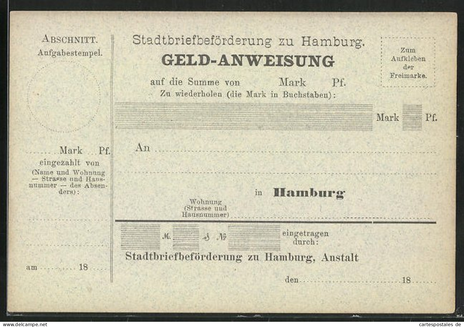 Geld-Anweisung Hamburg, Private Stadtpost Stadtbriefbeförderung Zu Hamburg  - Timbres (représentations)