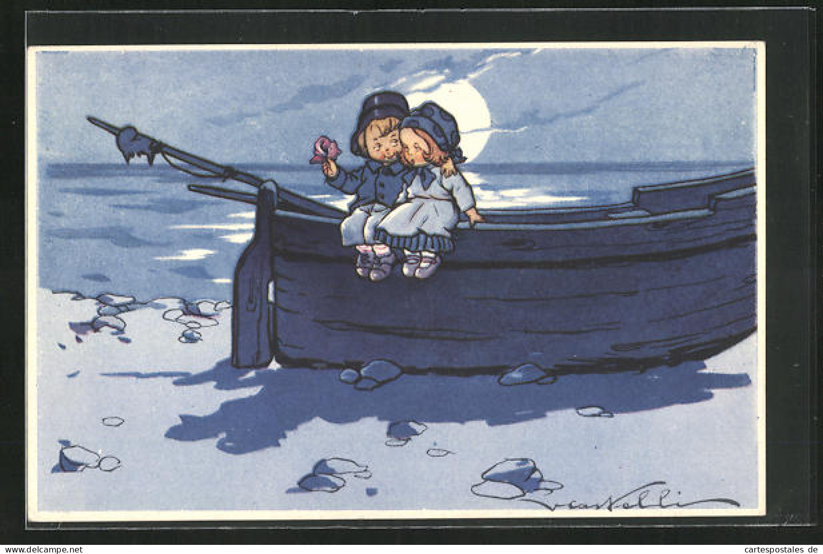 Künstler-AK Castelli: Kinder Im Boot Bei Mondschein Am Meer  - Castelli