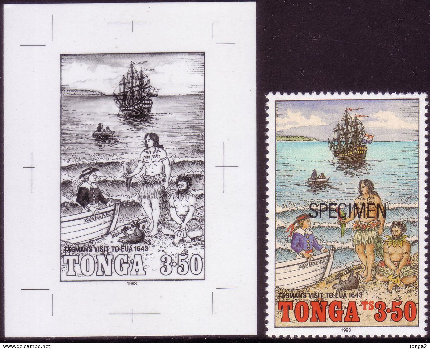 Tonga 1993 - Tasman - Crew Trade With Natives  - Parrot - Proof + Specimen - Papegaaien, Parkieten