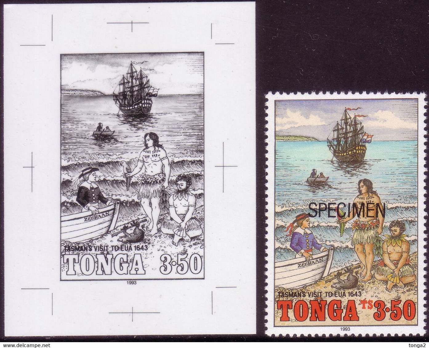 Tonga 1993 - Tasman - Crew Trade With Natives  - Parrot - Proof + Specimen - Papagayos