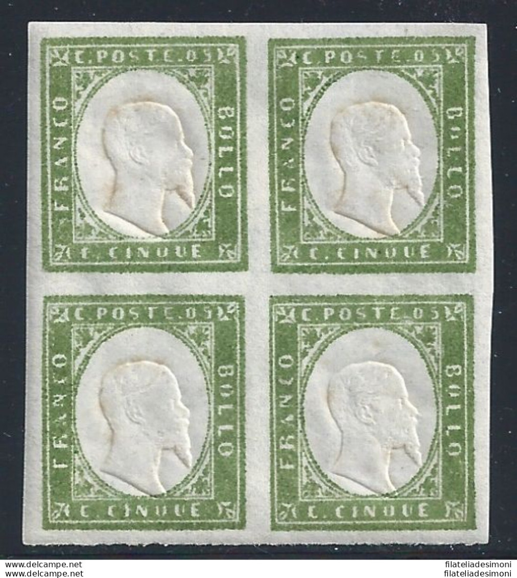 1863 SARDEGNA, N° 13Ea 5 Cent. Verde MNH/**  QUARTINE - Sardinia