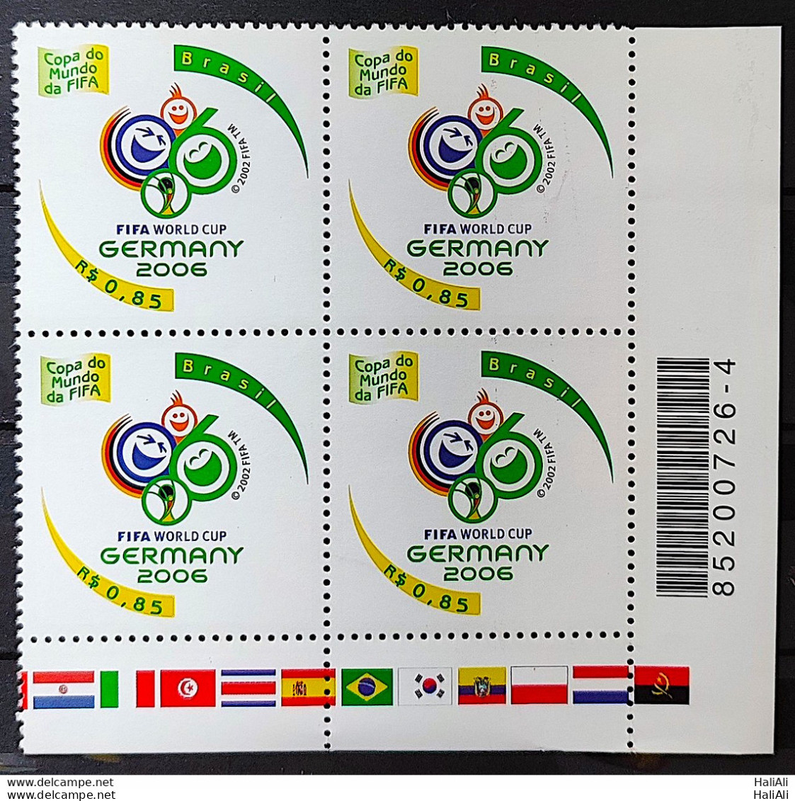 C 2647 Brazil Stamp Germany Football World Cup Flag Angola Korea Poland 2006 Block Of 4 Barcode - Ungebraucht