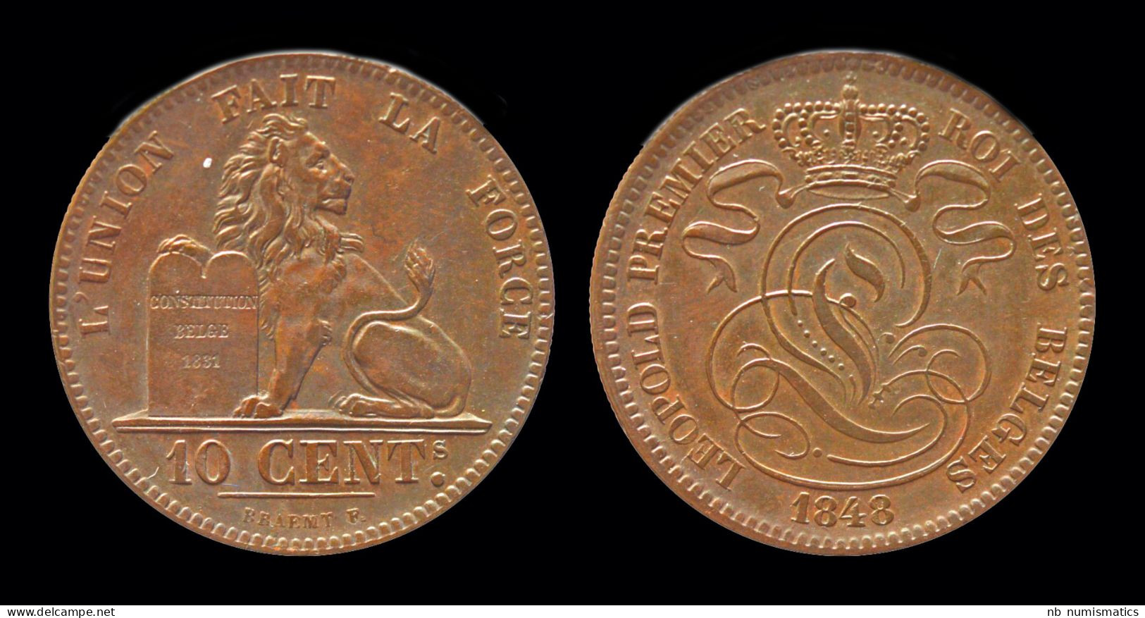 Belgium Leopold I 10 Centiem 1848 Over 1838(with Braemt F. (with Point)) - 10 Centimes