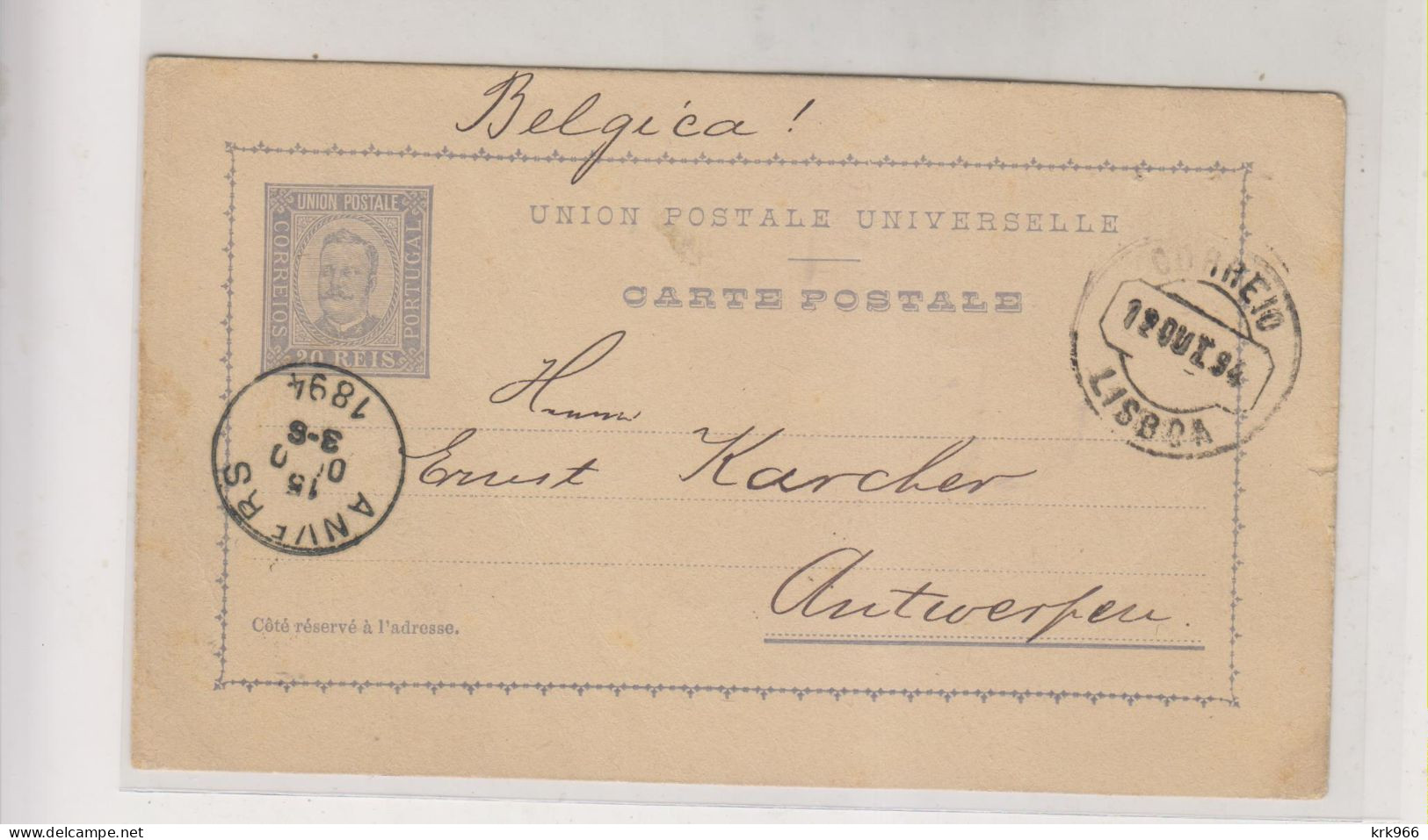 PORTUGAL   1894 LISBOA Nice Postal Stationery To BELGIUM - Entiers Postaux