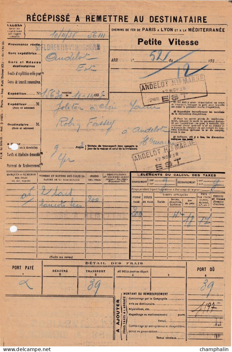 Chemins De Fer PLM - 1 Document Transport Marchandises De St-Florentin-Vergigny (89) à Andelot (52) - 10 Novembre 1938 - Transportmiddelen