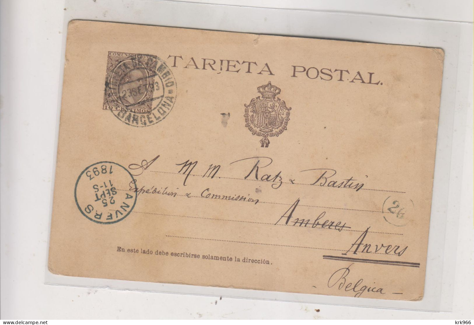 SPAIN BARCELONA 1893 Postal Stationery To BELGIUM - Cartas & Documentos