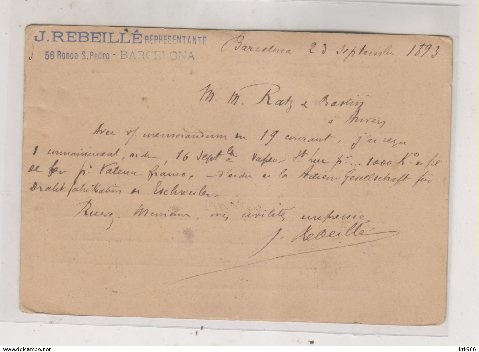 SPAIN BARCELONA 1893 Postal Stationery To BELGIUM - Cartas & Documentos