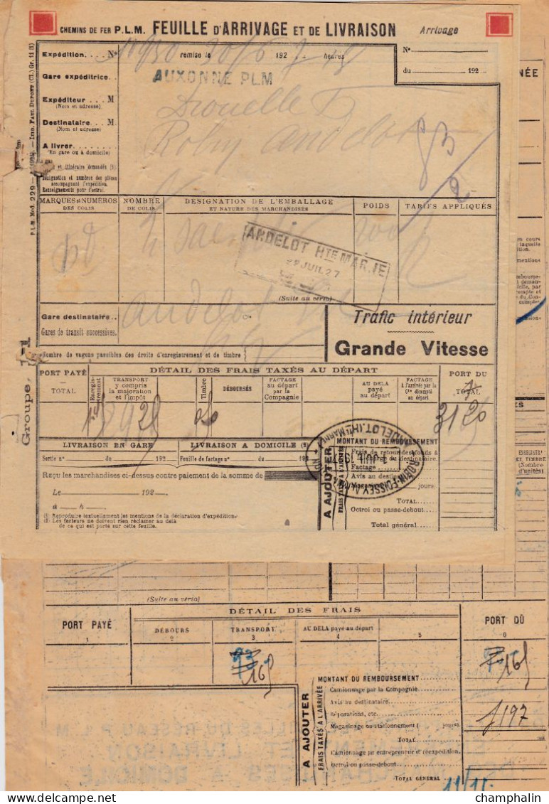 Chemins De Fer PLM - 5 Documents Transport Marchandises De Auxonne (21) à Andelot (52) - Années 1927 à 1939 - Transport