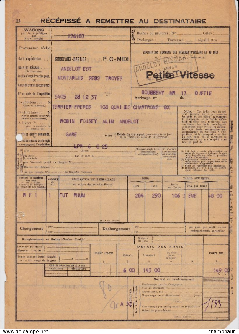 Chemins De Fer PO-Midi - 1 Document Transport Marchandises De Bordeaux-Bastide (33) à Andelot (52) - 28 Décembre 1937 - Transports