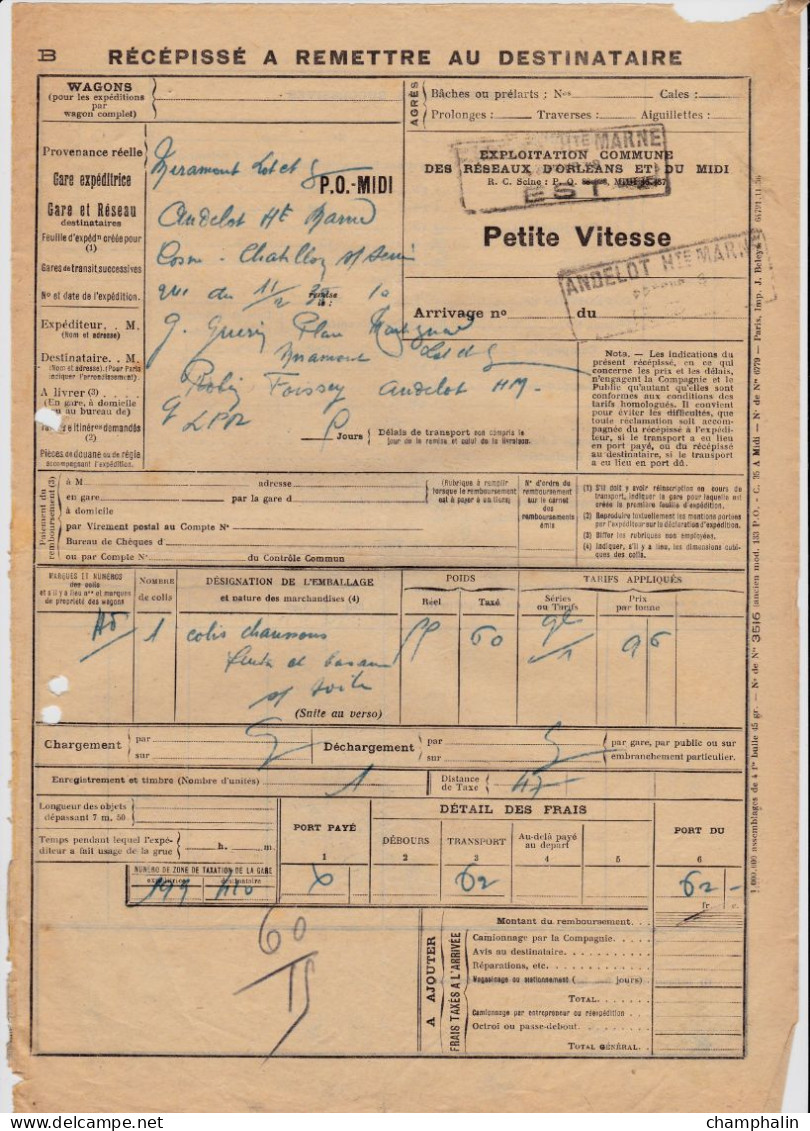 Chemins De Fer PO-Midi - 1 Document Transport Marchandises De Miramont (47) à Andelot (52) - 11 Février 1938 - Verkehr & Transport